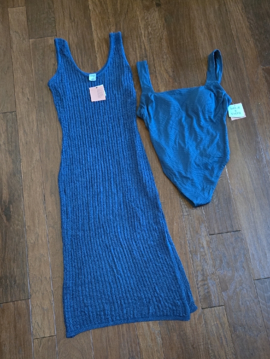 Shade & Shore Other - Shade & Shore Teal Blue Ribbed Knit Coverup with Matching Swimsuit High Leg Set